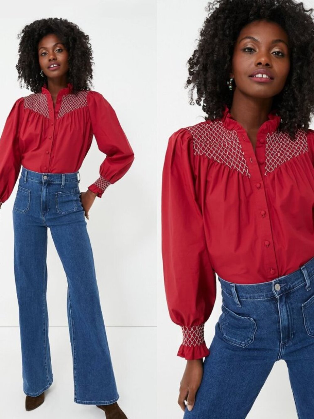 The Shirt by Rochelle Behrens NWT Nicole Red Smocked Button Down Blouse Large